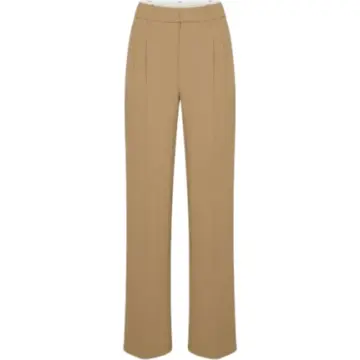 Camel High-Rise Wide-Leg Pleated Trousers