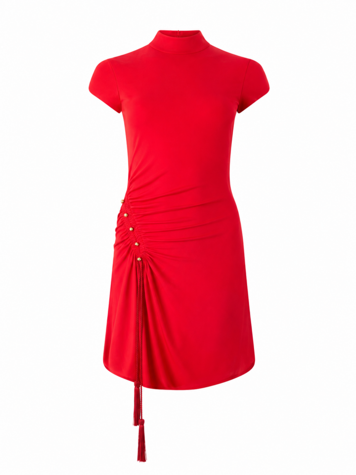 Red Ruched Bodycon Mini Dress with Tassel Detail