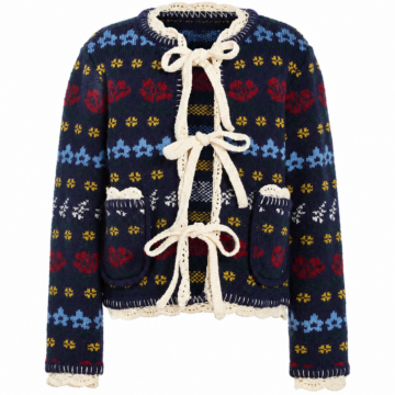 Navy Boxy Cropped Jacquard Knit Cardigan