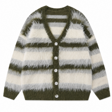 Olive Green Striped Relaxed V-Neck Cardigan