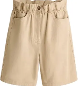 Khaki High-Waisted Paperbag Waist Shorts with Ruffled Elastic Waistband