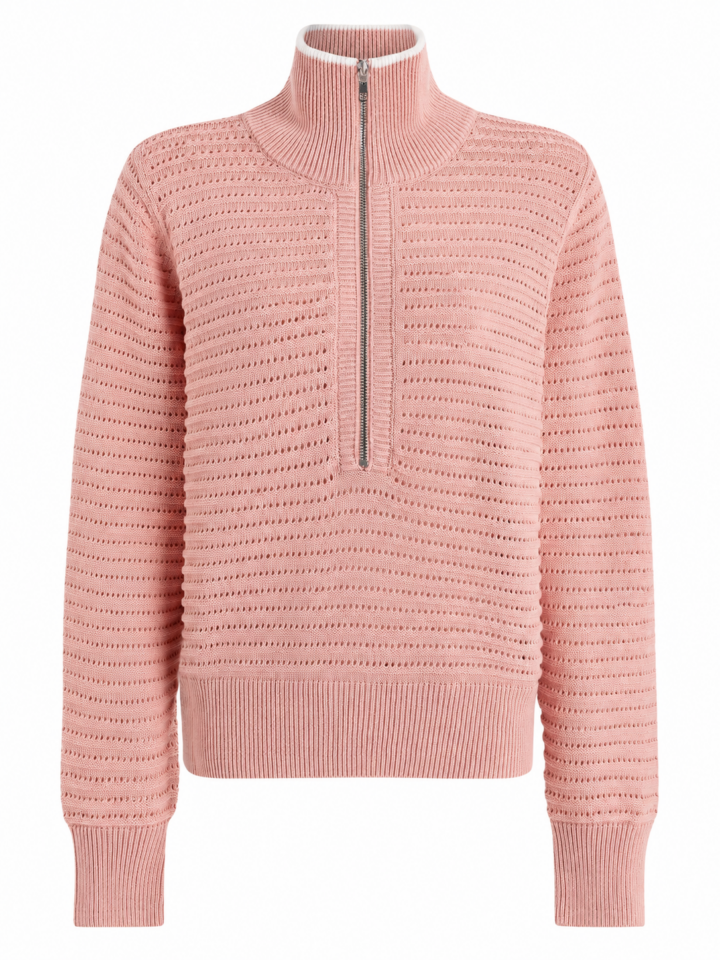 Pink Half-Zip Mock Neck Eyelet Knit Sweater