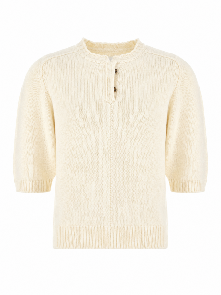 Cream Henley Knit Sweater with Pointelle Stitch