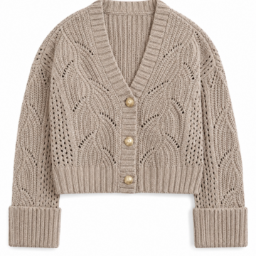 Beige Cropped Pointelle Cardigan with V-Neck