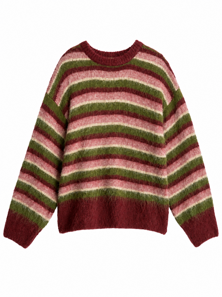 Burgundy Pink Olive Striped Oversized Sweater