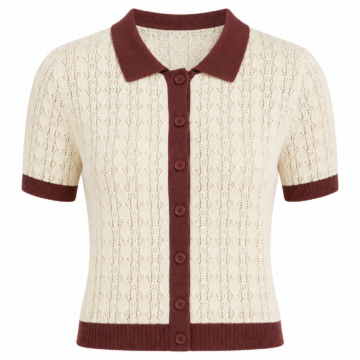 Cream Pointelle Knit Polo Shirt with Chevron Pattern
