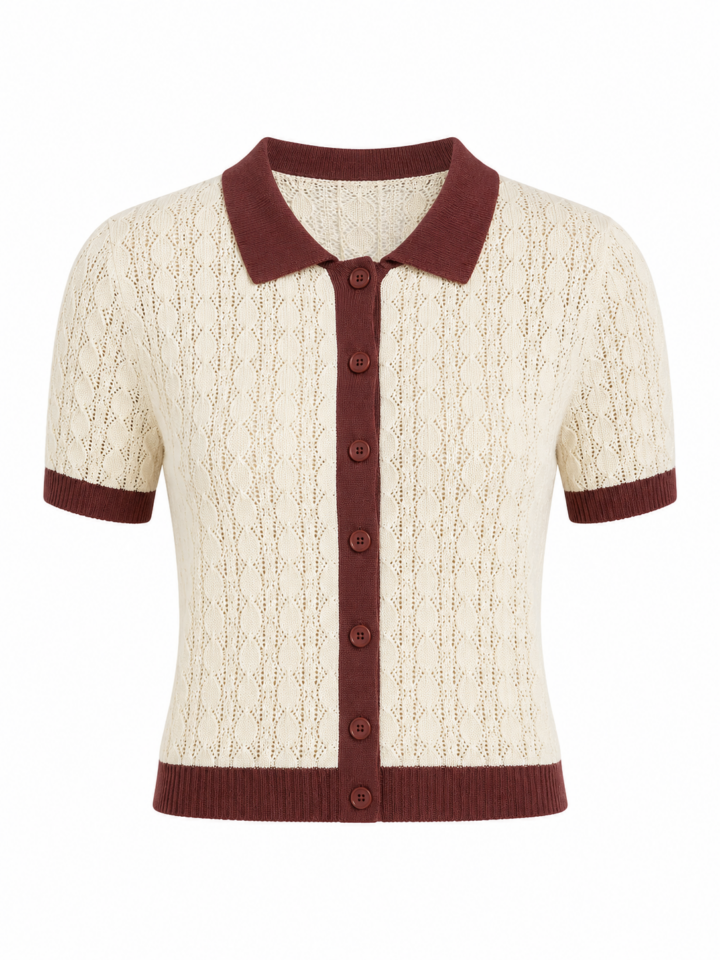 Cream Pointelle Knit Polo Shirt with Chevron Pattern
