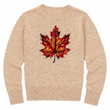 Beige Speckled Crewneck Sweater with Maple Leaf Intarsia
