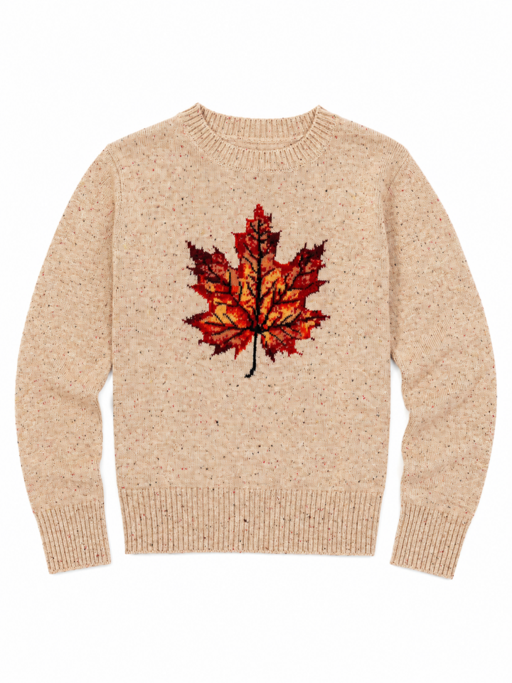Beige Speckled Crewneck Sweater with Maple Leaf Intarsia
