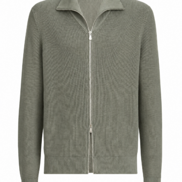 Sage Green Full-Zip Knit Sweater with Pointed Collar