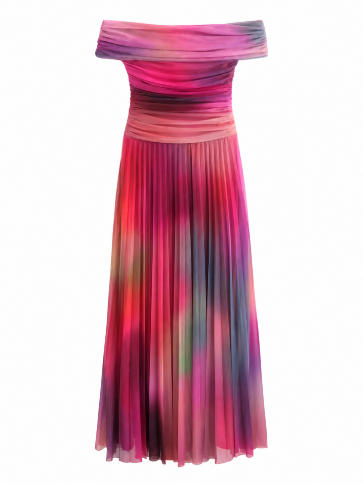 Watercolor Print Off-Shoulder Maxi Dress