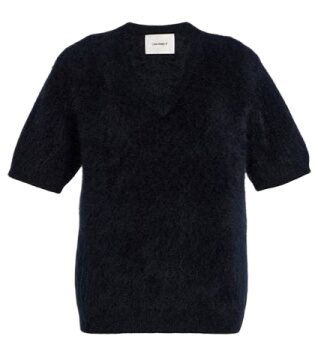 Navy Blue Short-Sleeve V-Neck Knit Sweater