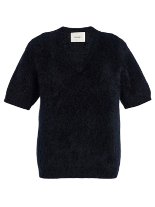Navy Blue Short-Sleeve V-Neck Knit Sweater