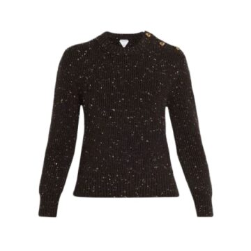Black Fitted Ribbed Knit Sweater with Gold Button Details