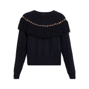 Black Embellished Cable Knit Sweater with Fringed Yoke