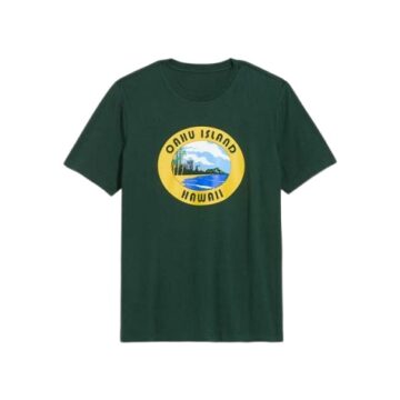 Dark Green Crew Neck T-Shirt with Beach Graphic
