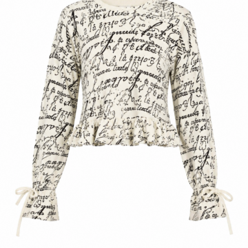 Off-White Cropped Peplum Blouse with Black Script Pattern